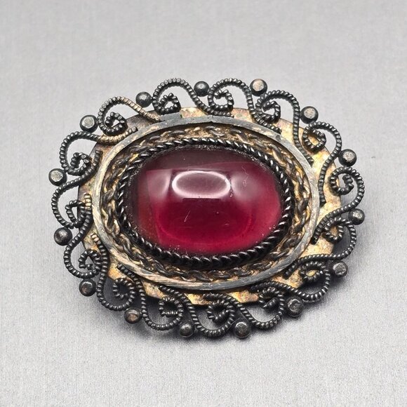 Antique Sterling Silver Purple Glass Brooch Pendant Rope Scroll Design Edwardian - Picture 11 of 11